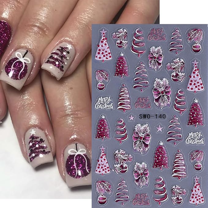 5D Embossed Christmas Nail Stickers for Nail Art - Pink Purple Nail Art Stickers Christmas Tree Bow Light Ball Nail Decals Snowflake Nail Supplies for Women DIY Christmas Decorations 3 Sheets