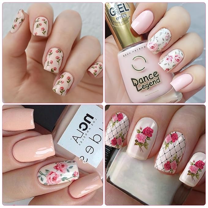 Rose Flower Nail Art Stickers - Pink Floral Leaf Self-Adhesive 3D Nail Decals for DIY Spring Summer Manicure (6 Sheets)