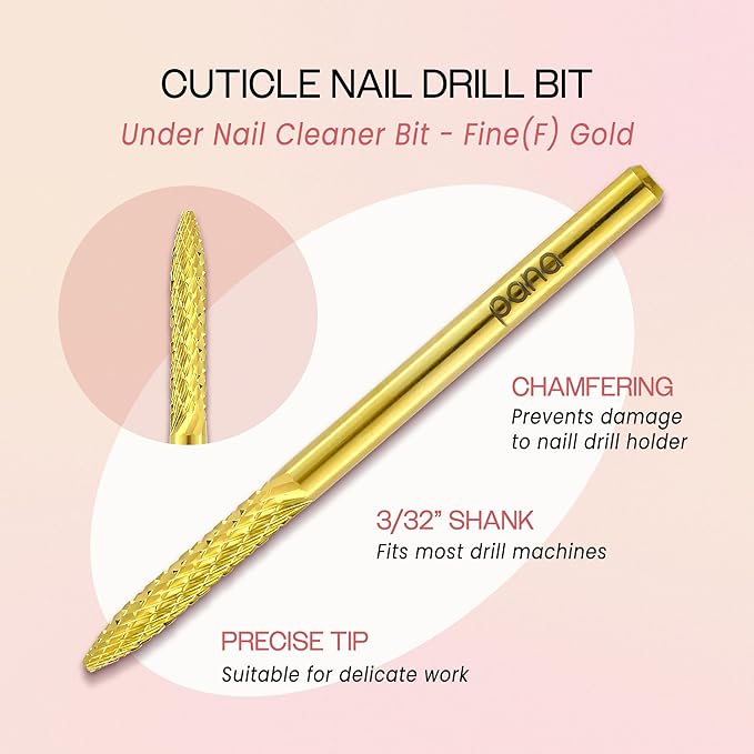PANA 3/32" Carbide Cuticle Nail Drill Bit for Cuticle Cleaning, Dead Skin Removal, Gel Polish & Acrylic Removal, Under Nail Cleaner, Nail Salon, Manicure Tools (UNC- Gold, Fine)