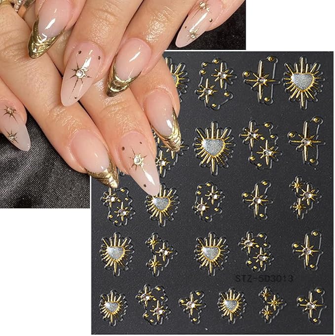 6Pcs Glitter Star Nail Stickers 5D Self Adhesives Rhinestones Design Stars Heart Nail Decals Aurora Gold Silver Red Snake Sun Moon Bow Nail Decoration Metallic Star Nail Art Stickers for Nail Supplies