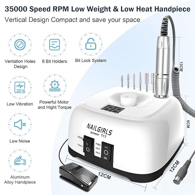 NAILGIRLS Electric Nail Drill Professional 35000RPM with Foot Pedal, Nail Drill Machine for Acrylic Gel Nails Manicure Pedicure with LCD Display Efile Tool for Salon Home Use