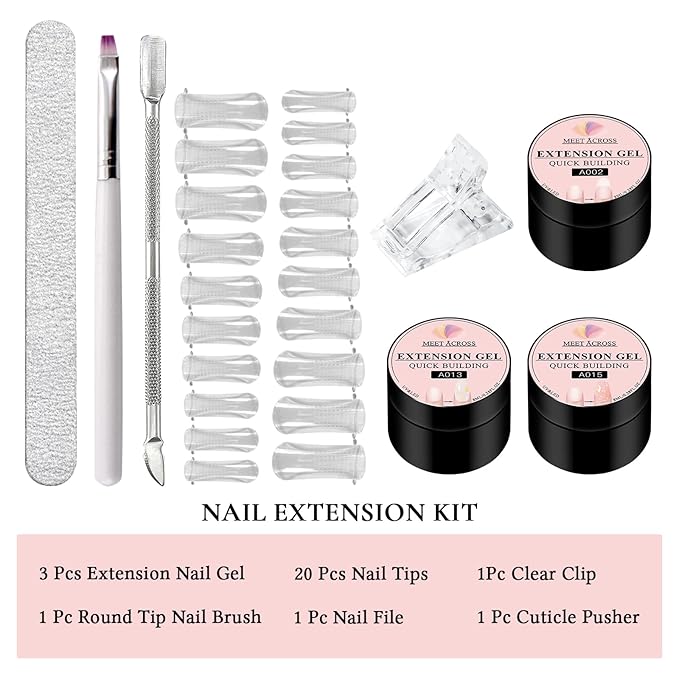 MEET ACROSS Poly Nail Gel 8Pcs Nail Extension Gel Set and Nail Extension Starter Kit for Beginners Nail Art DIY Home Gifts for Women (White + Gold Foil, 8pcs)