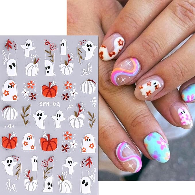 6 Sheets Halloween Nail Art Stickers,3D Cute Nail Decals White Ghost DIY Nail Tips Sticker for Halloween Party, Skull Pumpkin Star Ghost Bat Spider Web Self-Adhesive Designs Manicure Decorations