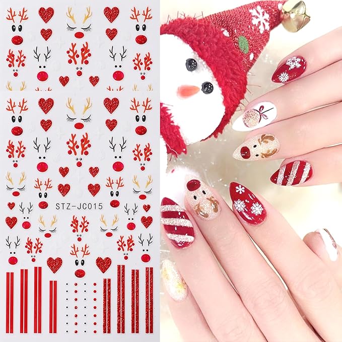 2Sheets Cute Christmas Nail Art Stickers 3D Xmas Elk Design Nail Decals Red Glitter Heart Lines Nail Stickers Self-Adhesive Cute Deer Nail Decal White Star Snowflake Nail Sticker for Women Nails Decor