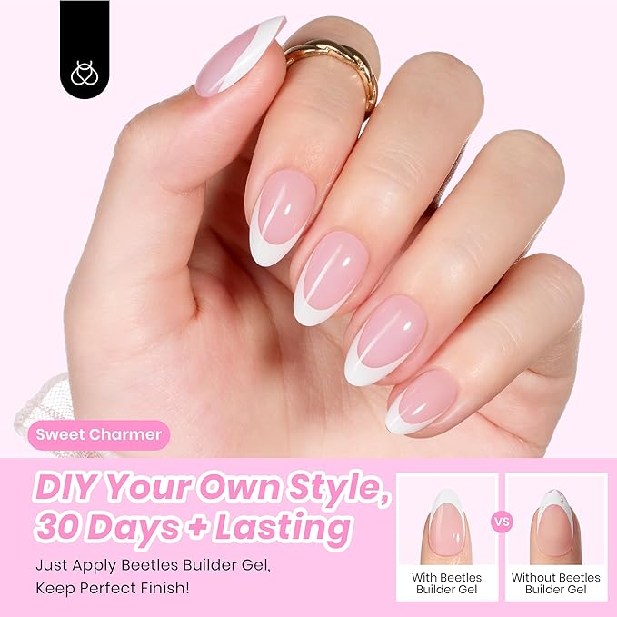 Beetles X Press Gel Nail Kit, French Tip Press On Nails Short Almond Kit with 224Pcs Nail Tips Nail Glue Builder Gel Top Coat Mini UV Light All-in-One DIY Wedding Nail Designs Gift for Women