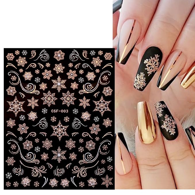JMEOWIO 9 Sheets Christmas White Glitter Nail Art Stickers Decals Self-Adhesive Snowflake Winter Holiday Rose Gold Nail Supplies Nail Art Design Decoration Accessories