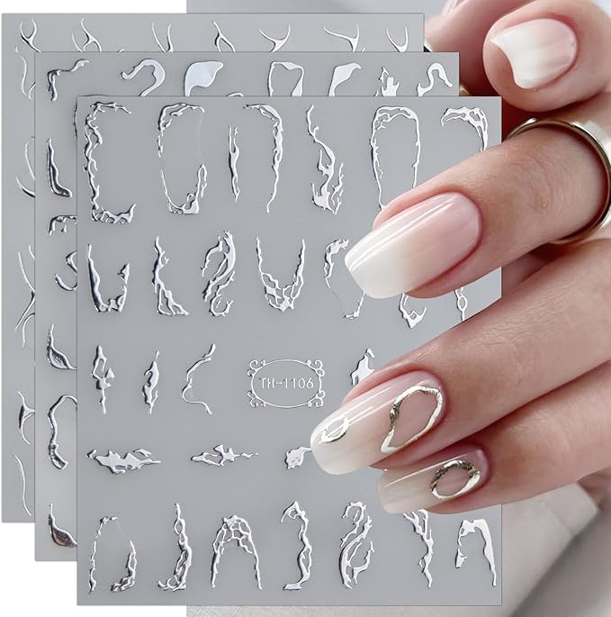 JMEOWIO 9 Sheets Marble Line Nail Art Stickers Decals Self-Adhesive Pegatinas Uñas Silver Nail Supplies Nail Art Design Decoration Accessories