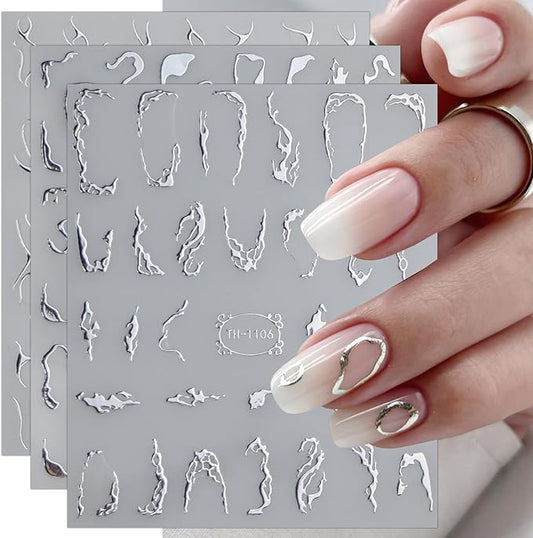 JMEOWIO 9 Sheets Marble Line Nail Art Stickers Decals Self-Adhesive Pegatinas Uñas Silver Nail Supplies Nail Art Design Decoration Accessories