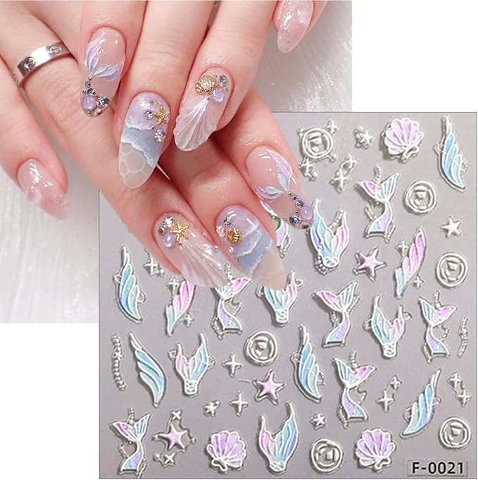 3Sheets 5D Embossed Cute Nail Stickers Summer Shell Starfish Mermaid Nail Decals Pink Butterfly Rose Flower Nails Art Stickers Heart Bow Nails Supplies for Women Girls DIY Manicure Decoration