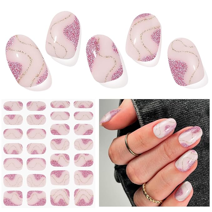 Semi Cured Gel Nail Strips, Bling | 28 pcs Gel Nail Strips Work with Any UV Lamp, Salon Quality UV Nails Stickers, Easy to Apply for Home Nails DIY