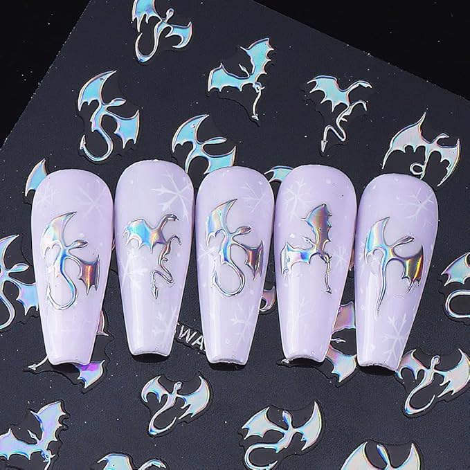 Halloween Nail Stickers 3D Metallic Dragon Nail Art Stickers 6PCS Laser Silver Gold Bronzing Fly Devil Bat Halloween Theme Design Self-Adhesive Nail Decals Accessories for Holiday Nail Art Decorations