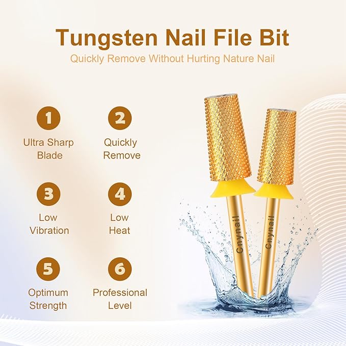 3/32" Large Tapered Barrel Flat Bit Tungsten Carbide Nail Drill Bit Safety Bit for Gel & Acrylic Removal, 2- Way Rotating Efile Tip, Salon Electric File Accessory (XF Girt, Gold)