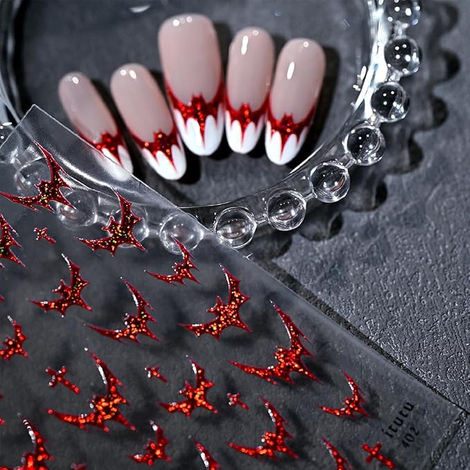 3 Sheets Halloween Nail Stickers for Nail Art 3D Bat Nail Art Stickers Silver Red Black Glitter with French Tip Design Sticker Horror Gothic Nail Decals for Women Acrylic Nails Decoration