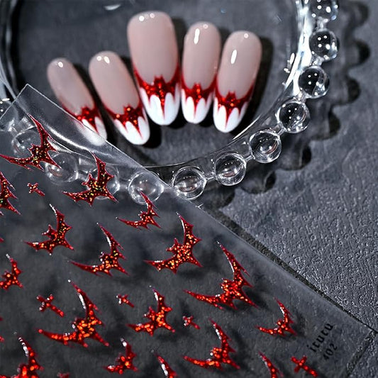 3 Sheets Halloween Nail Stickers for Nail Art 3D Bat Nail Art Stickers Silver Red Black Glitter with French Tip Design Sticker Horror Gothic Nail Decals for Women Acrylic Nails Decoration