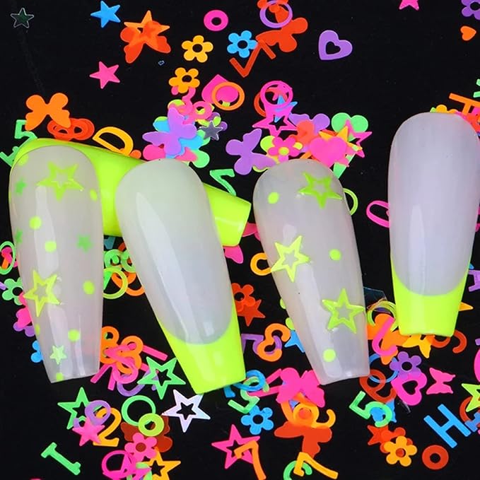 Fluorescent Glitter Nail Art Sequins, Holographic 3D Glitters Flakes Design, Love Heart Butterfly Flowers Letters Stars Circle Supplies for Women Manicure Charms Decorations DIY Resin Nail Art Tips