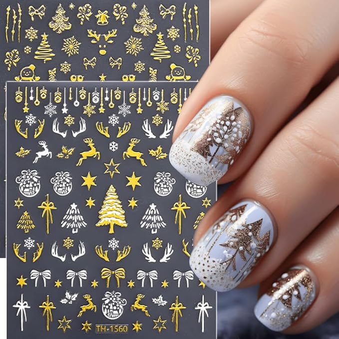 6Pcs Christmas Nail Stickers 3D Golden Christmas Tree Deer Nail Stickers for Nail Art DIY Self Adhesive Nail Decals Gold Bow Snowflake Nail Decoration Supplies Holiday Manicure Accessories for Women