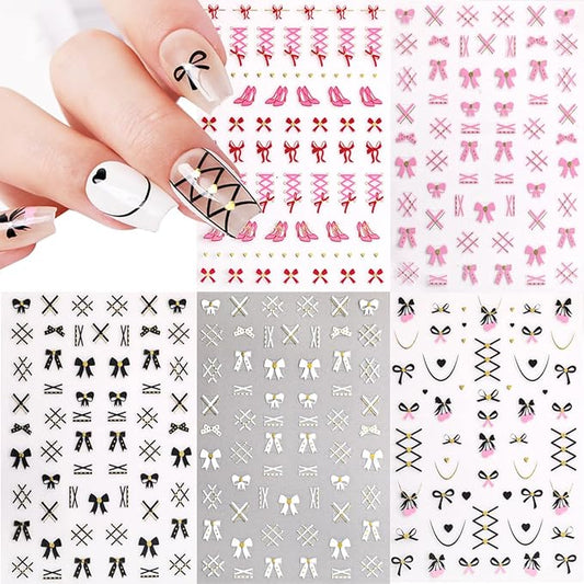 Bow Heart Nail Stickers Christmas Nail Art Stickers Holiday Pink Hearts Curve Line Nail Decals Valentines DIY Nails Design Sticker Xmas French Nail Decoration for Women Manicure Accessories 5Pcs