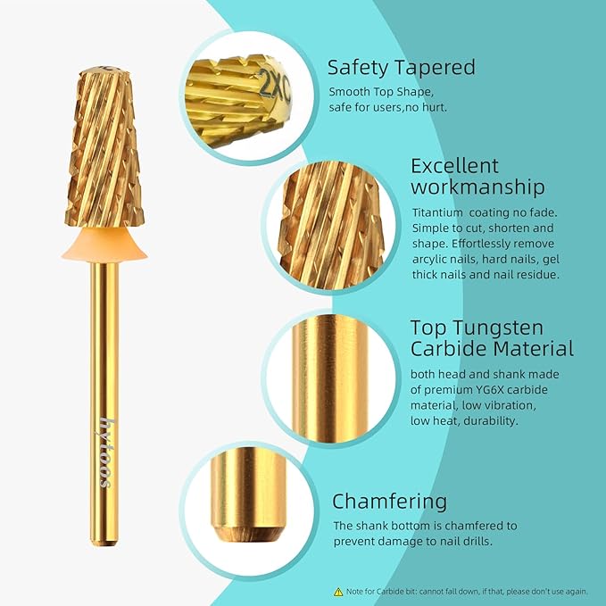 Safety Nail Drill Bits,Titanium Coating Carbide Tapered Nail Bit, 3/32 Two-way Smooth Top Rotate Drill Bits for Nails, Manicure Drills Accessories Removal Thick Gel, 2XC