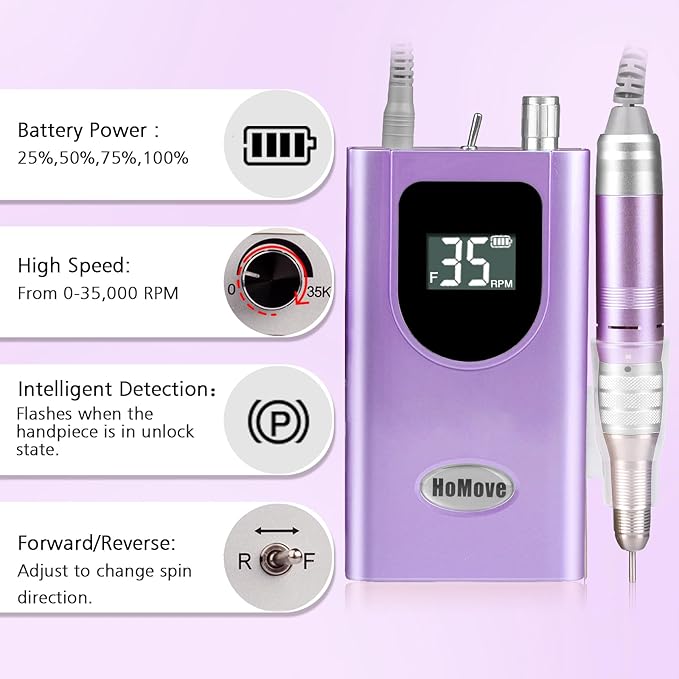 35000RPM Portable Nail Drill Machine, HoMove Professional Nail Drill Machine, Rechargeable Electric Efile Nail Drills for Acrylic Gel Nails, Cordless Portable Nails Drill【Purple】