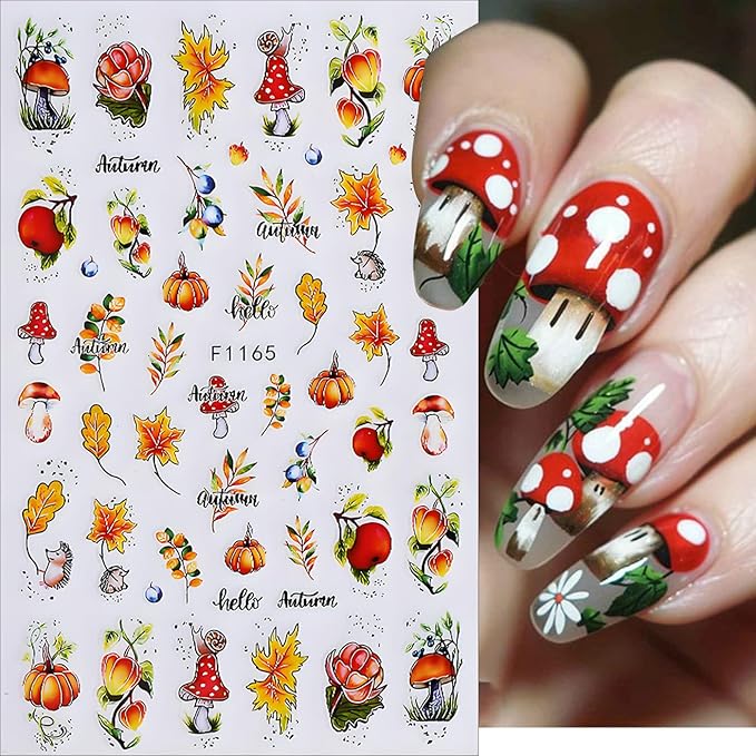 Fall Maple Leaves Nail Art Stickers for Thanksgiving, Maple Leaves Nail Decals 3D Self-Adhesive with Deer Pumpkin Flower Mushroom Design 6Pcs Nail Art Supplies for Women Nail Decoration