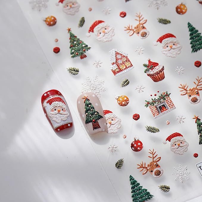 1Sheet Christmas Nail Art Stickers 5D Embossed Cute Santa Claus Elk Designs Nail Decals Self-Adhesive Xmas Tree Snowflake Nail Stickers Christmas House Cake Nail Decal for Women Nails Decoration