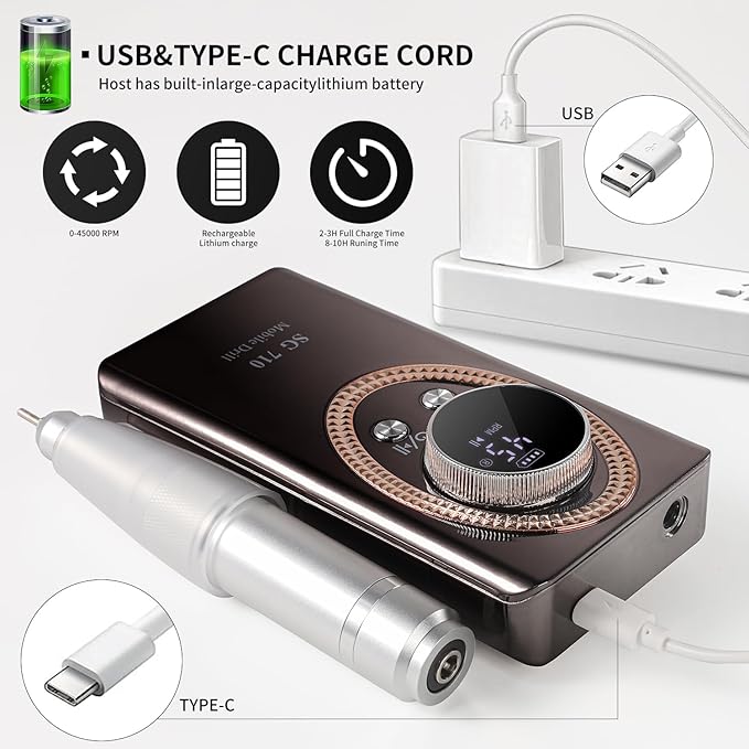 Electric Nail File for Acrylic Nail Kit, 45000RPM Electric Nail Drill Professional Manicure Pedicure Set with Nail Drill Kit Bits, Efile Cordless for Manicure