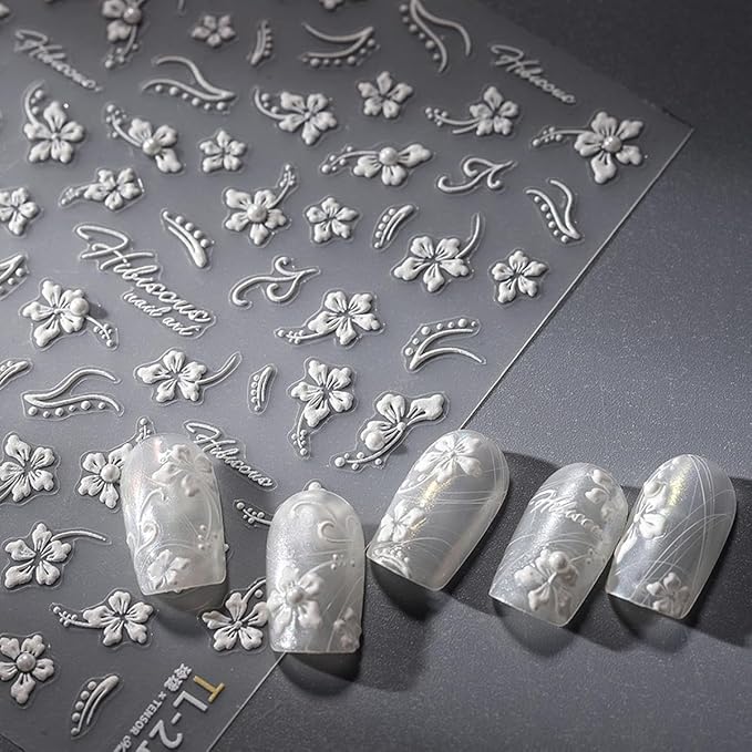 White Flower Nail Art Stickers Decals 5D Embossed Nail Decals Self Adhesive Diamond Flower Nails Stickers Spring Flower Nails Transfer Decals Floral Nails Supplies for Women Nail Art Decorations