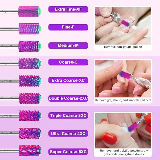 3/32" 2PCS Large Barrel Smooth Round Top Tungsten Carbide Nail Drill Bit Safety Bit for Gel & Acrylic Removal, 2-Way Rotating Efile Tip, Salon Electric File Accessory (3XC Grit, Purple)
