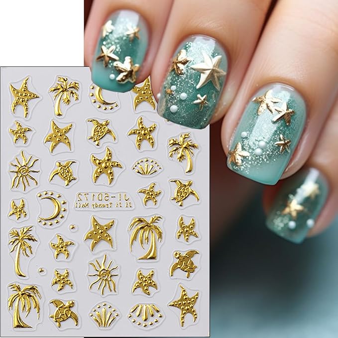 2Pcs Summer Nail Stickers for Nails Art 5D Gold Ocean Nail Decals Self Adhesive Tropical Starfish Sea Turtle Coconut Tree Nail Design Sticker Summer Beach Nails Art Stickers Accessories for Women DIY