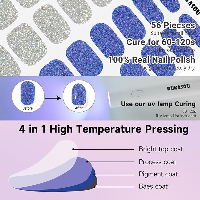 Semi Cured Gel Nail Strips 2 Set, (Glitter Silver/Blue) 56 Pcs Gel Nail Wraps,Stickers Works with Any UV/LED Lamps,Long Lasting,Salon-Quality, Easy to Apply