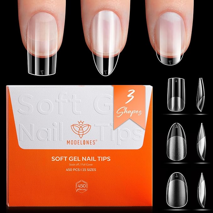 Modelones Short Almond & Square & Round Nail Tips - Multi-type 3 Styles Set Gel Tips Half Matte Full Cover Clear Acrylic Gel Kit Fake Nails for Extension DIY Salon 450Pcs 15Sizes