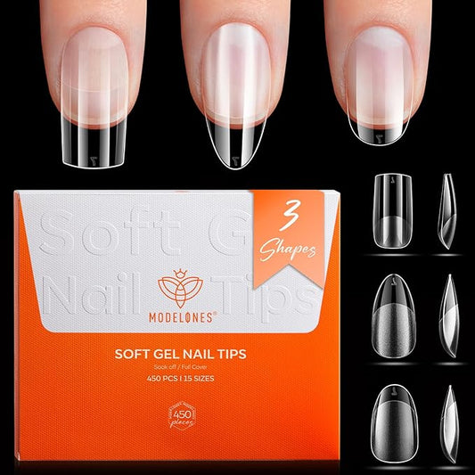 Modelones Short Almond & Square & Round Nail Tips - Multi-type 3 Styles Set Gel Tips Half Matte Full Cover Clear Acrylic Gel Kit Fake Nails for Extension DIY Salon 450Pcs 15Sizes