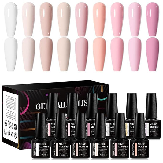 MEET ACROSS 12pcs Gel Nail Polish Set,Soak Off UV LED Lamp Gel Nail Polish Kit,Fashion Shimmer Nail Art Design Gifts for Women Manicure Salon (Pink-1)