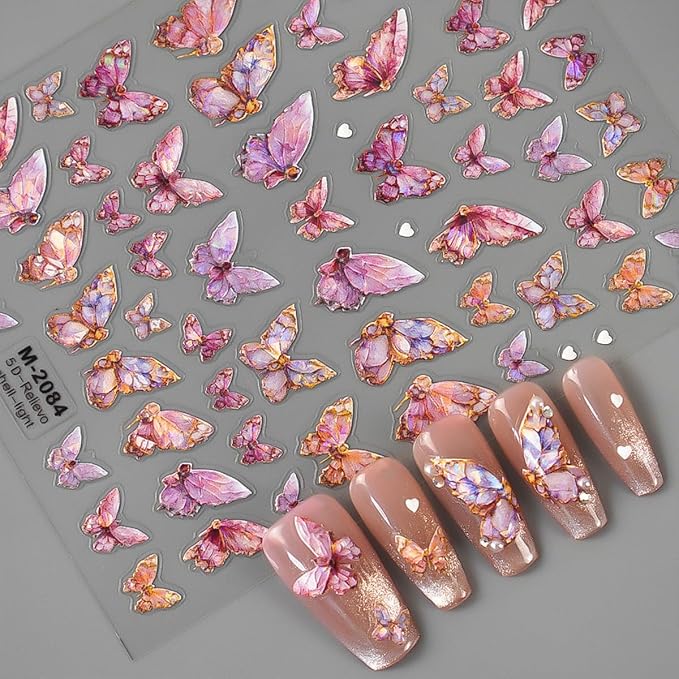 Butterfly Nail Art Stickers 5D Embossed Pink Butterfly Nail Decals Glitter Aurora Butterfly Nail Pattern Self-Adhesive Nail Art Supplies Butterfly Nail Stickers for Women Manicure DIY Nail Decoration