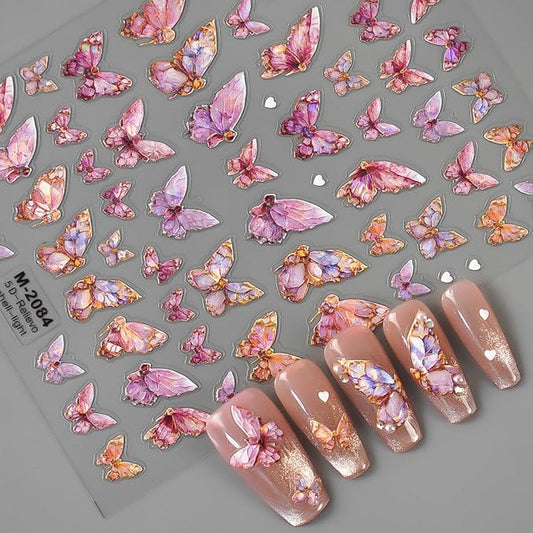 Butterfly Nail Art Stickers 5D Embossed Pink Butterfly Nail Decals Glitter Aurora Butterfly Nail Pattern Self-Adhesive Nail Art Supplies Butterfly Nail Stickers for Women Manicure DIY Nail Decoration