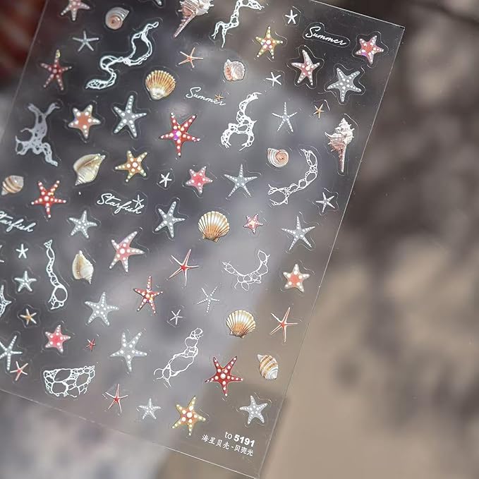 2 Sheets Colorful Starfish Nail Stickers Summer Nail Sticker for Nail Art 5D Self-Adhesive Nail Decals Ocean Nails Supplies Design Decoration Accessories for Women DIY Manicure Decoration