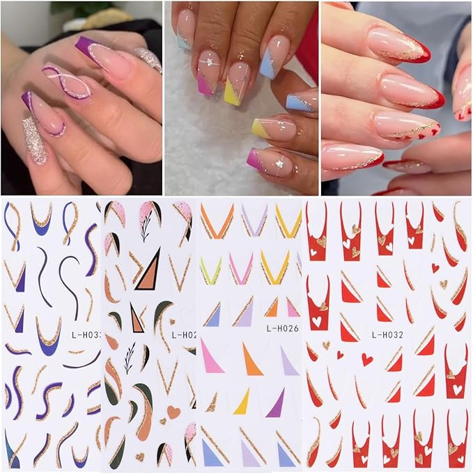 12PCS Line Nail Stickers 3D Colorful Lines Nail Decals Self-Adhesive Nail Art Supplies Gold Glitter Curve Waves Pink Stripes Nail Designs French Nail Tips DIY Manicure Decoration Accessories for Women