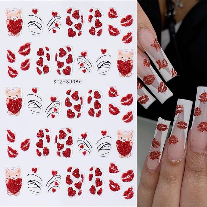 6pcs Valentine's Day Nail Art Stickers 3D Heart Shape Self-Adhesive Cute Bear White Red Pink Love Heart Design Nail Decals Gold Curve Design Nail Decals Suitable for Women Girls Nail Art Decoration