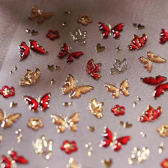 5D Embossed Butterfly Nail Art Stickers - Red & Gold Butterfly Nail Decals for DIY Manicure