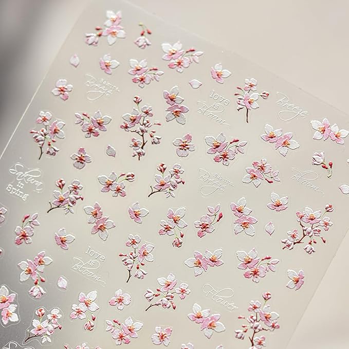 Cherry Blossoms Nail Art Stickers Pink White Flowers Nail Decals for Acrylic Nails 5D Embossed Self-Adhesive Flower Designs Nail Sticker Spring Summer Cute Floral Nail Decal for Women DIY Nail Decor
