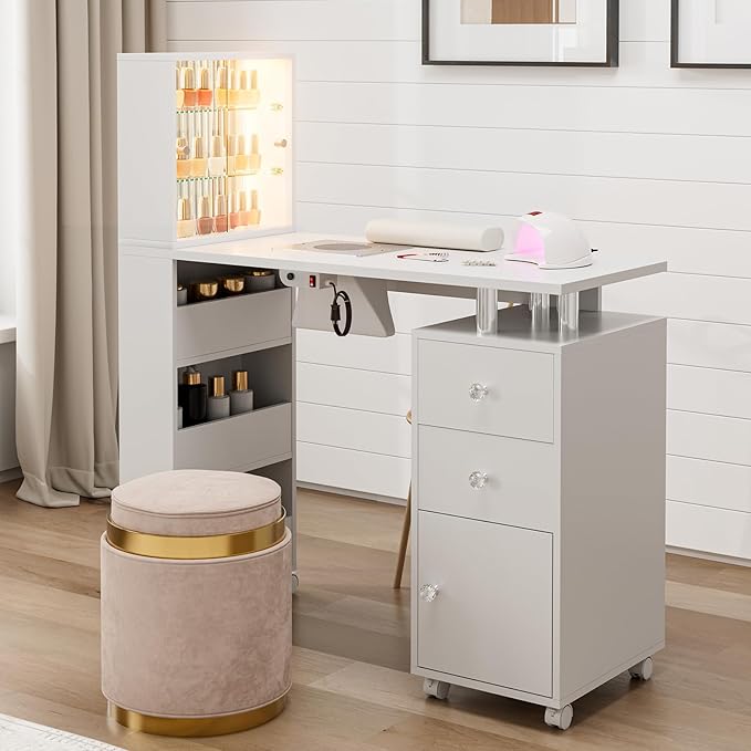 Paddie Manicure Table Nail Table with LED Light, Glass Shelf Door Nail Desk with Dust Collector & Wrist Cushion, Nail Salon Station with 2 Drawers & Cabinet for Technician Workstation(White-New)