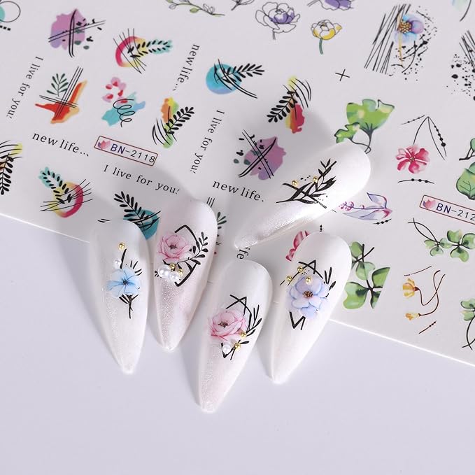 Flower Decals Nail Art Stickers 48 Designs Spring Water Transfer Stickers for Nails Colorful Flower Leaf Cherry Blossoms Rose Pattern DIY Decoration Nail Supplies for Women Girl 4 Sheets