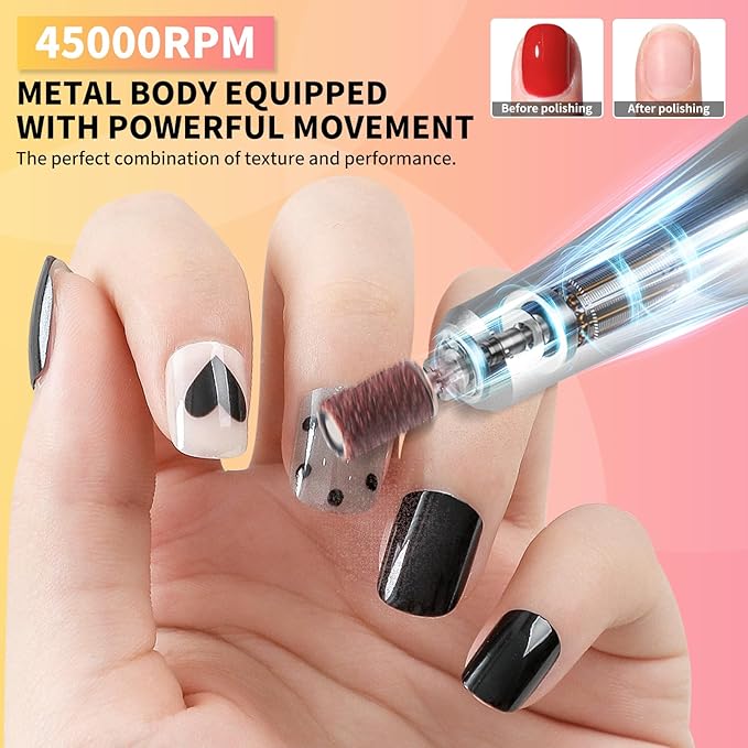 LIMEGIRL Professional Electric Nail File Drill Bits Kit 45000RPM for Acrylic Toenail Machine Clippers with 14 Drill Bit Gradient Yellow Portable Rechargeable Cordless