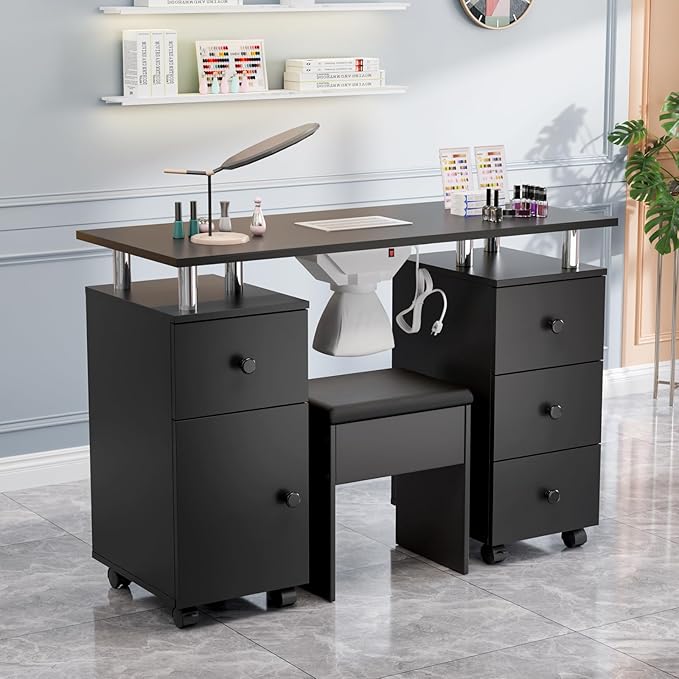 OmySalon Nail Desk and Chair Set, Manicure Table with Dust Collector, Arm Rest, 8 Wheels, Acetone Resistant Desktop, Drawers & Cabinet Storage for Makeup Beauty Salon (Black)
