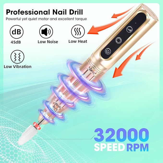 Nail Drill Cordless Professional E Filer for Nails 32000RPM Electric Nails Drill Kit Nail Drill Professional Wireless Nail File Drill Rechargeable Electric Nail File for Acrylic Gel Nails