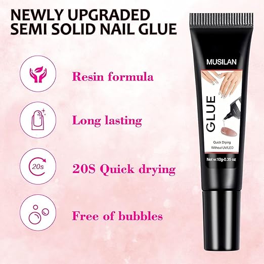5PCS Semi Solid Nail Glue, New Super Strong Solid Nail Glue for Acrylic Nails Press Ons Nails Quick Drying No UV Light Long Lasting for Acrylic Fake Nails Tips Chip-Resistant & Longwear Formula