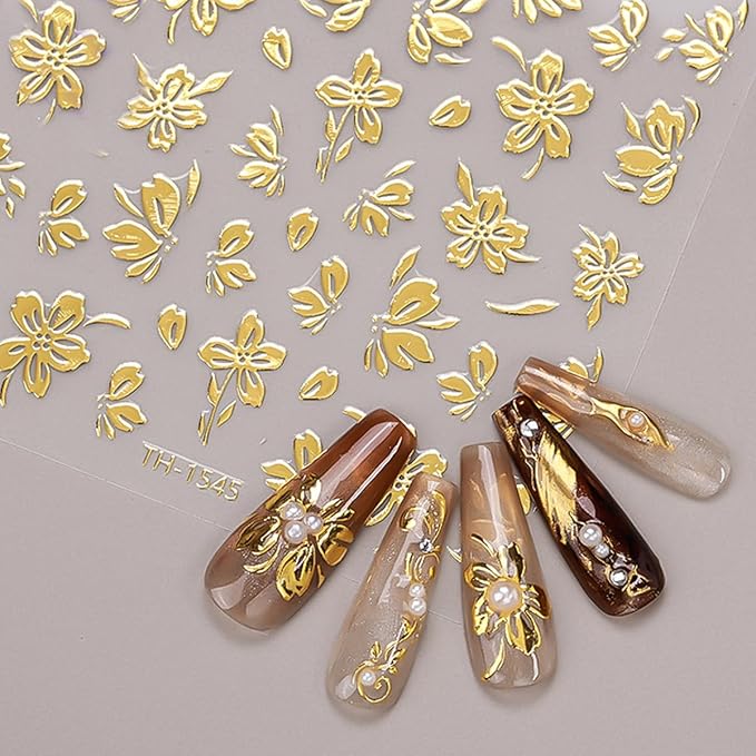 Gold Flower Nail Art Stickers 3D Self Adhesive Nail Stickers Metal Nail Decals with Bronzing Floral Leaf Design Cute Nail Sticker for Nails Art Decoration Salon Manicure Supplies for Women 6 Sheets