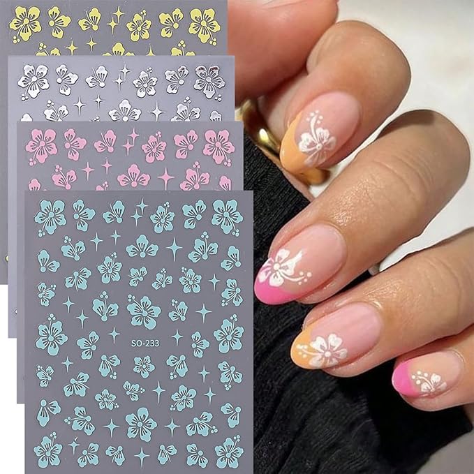 8Sheets Hibiscus Flower Nail Stickers - 3D Self-Adhesive Nail Decals in Gold, Silver, Blue, Pink & Holographic for Women's Manicure