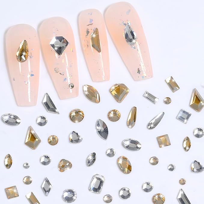 HNUIX Nail Rhinestones for nails - 3D Multi Shapes, Flat Back, Small Nail Gems, Crystal & Champagne Gold Nail Diamonds, with Kit, for Nail Art, DIY Decor