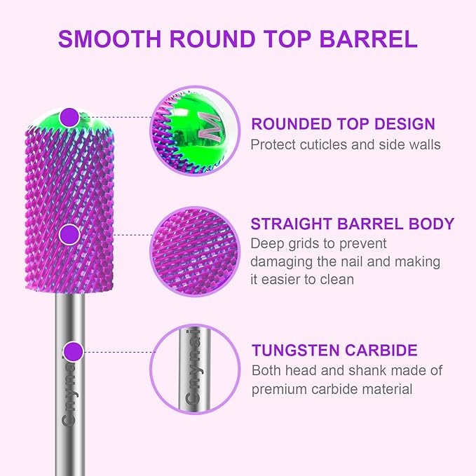 3/32" 2PCS Large Barrel Smooth Round Top Tungsten Carbide Nail Drill Bit Safety Bit for Gel & Acrylic Removal, 2-Way Rotating Efile Tip, Salon Electric File Accessory (M Grit, Purple)